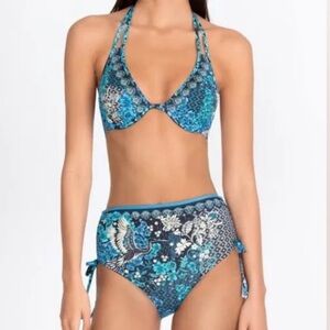 Johnny Was Blue Phoenix Halter Bikini Top and High Waist Bottom small